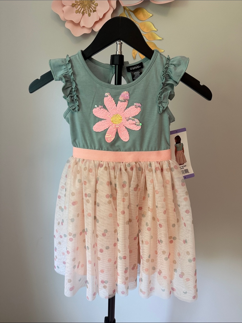 Zunie Green & Pink Daisy Tulle Dress for Girls - Picture 2 of 4